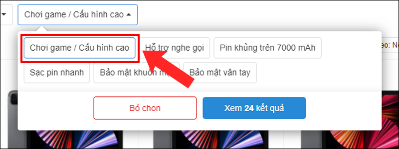 Dùng bộ lọc chọn Chơi game / Cấu hình cao